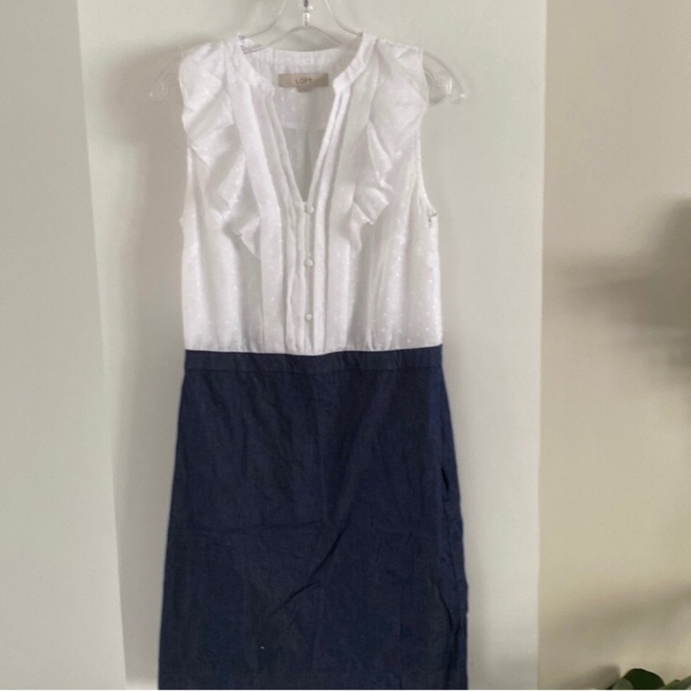 LOFT faux-two-piece 8 Swiss dot top denim skirt dress